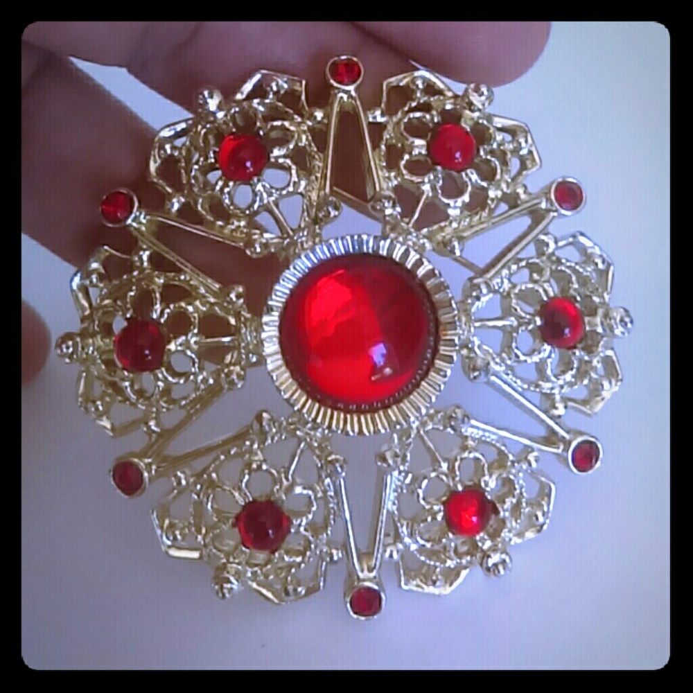 Vintage Sarah Coventry Red Gold Star Burst Brooch